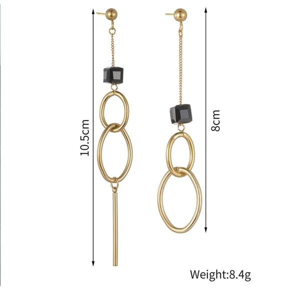 Geometric Drop Earrings 14K Gold Plated Onyx Crystal Asymmetrical Retro Urban - Picture 3 of 6